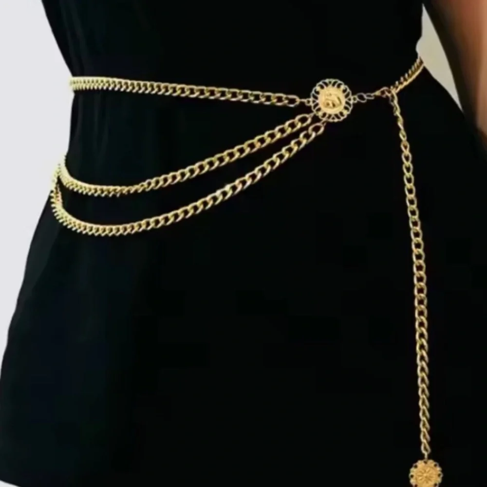 Gold Chain Waist Belt with Floral Medallion - Women Accessories adjustable